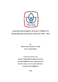 Analyzing United Kingdom's Decision to Withdraw Its Membership From