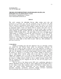 RELATIONSHIP BETWEEN ONLINE READING RATES and PERFORMANCE on PROFICIENCY TESTS Nawal Mohamed Abdulrahman Al-Othman Email: Nawalosman03@Hotmail.Com