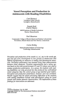 Vowel Perception and Production in Adolescents with Reading Disabilities