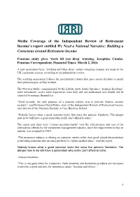 Media Coverage of the Independent Review of Retirement Income’S Report Entitled We Need a National Narrative: Building a Consensus Around Retirement Income
