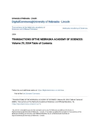 TRANSACTIONS OFTHE NEBRASKA ACADEMY of SCIENCES: Volume 29, 2004 Table of Contents