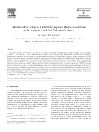 Mitochondrial Complex I Inhibition Depletes Plasma Testosterone in the Rotenone Model of Parkinson’S Disease