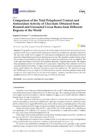 Comparison of the Total Polyphenol Content and Antioxidant Activity of Chocolate Obtained from Roasted and Unroasted Cocoa Beans from Diﬀerent Regions of the World