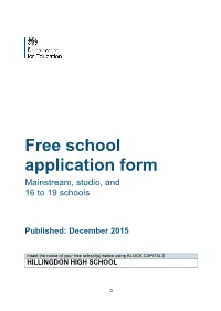 Free School Application Form Mainstream, Studio, and 16 to 19 Schools