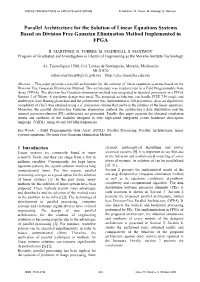 Parallel Architecture for the Solution of Linear Equations Systems Based on Division Free Gaussian Elimination Method Implemented in FPGA
