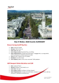 Run 4 Wales: 2020 Events SUMMARY Brecon Carreg Cardiff Bay Run