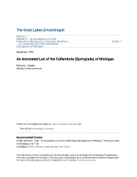 (Springtails) of Michigan Number 6 Article 1 -- an Annotated List of the Collembola (Springtails) of Michigan