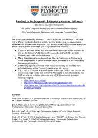 Reading List for Diagnostic Radiography Courses, 2021 Entry
