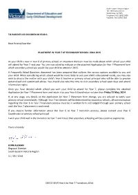 DEECD SEVR Year 6 to Year 7 Transitions 2014 to PARENTS OF