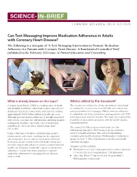 Science-In-Brief: Can Text Messaging Improve Medication Adherence in Adults with Coronary Heart Disease?