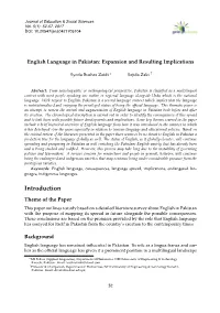 English Language in Pakistan: Expansion and Resulting Implications