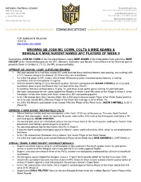 Browns Qb Josh Mc Cown, Colts S Mike Adams & Bengals K Mike Nugent Named Afc Players of Week 5