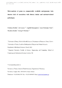 Meta-Analysis of Genes in Commercially Available Nutrigenomic Tests Denotes Lack of Association with Dietary Intake and Nutrient-Related Pathologies