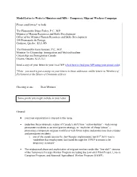 Model Letter to Write to Ministers and Mps – Temporary Migrant Workers Campaign Please Send Letters* to Both