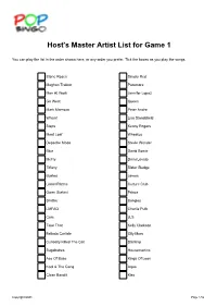 Host's Master Artist List for Game 1