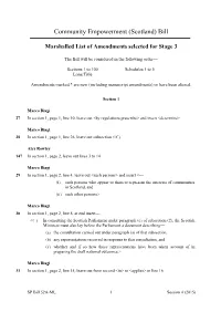 Marshalled List of Amendments Selected for Stage 3