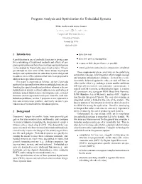 Program Analysis and Optimization for Embedded Systems