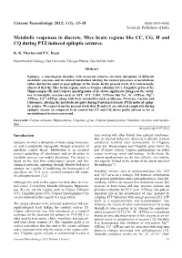 Metabolic Responses in Discrete, Mice Brain Regions Like CC, CG, H and CQ During PTZ Induced Epileptic Seizures