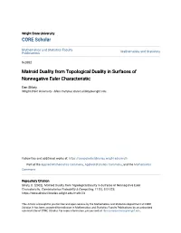 Matroid Duality from Topological Duality in Surfaces of Nonnegative Euler Characteristic