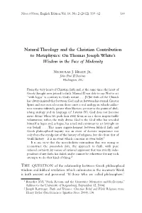 Natural Theology and the Christian Contribution to Metaphysics: on Thomas Joseph White’S Wisdom in the Face of Modernity