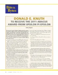 Donald Knuth to Receive the 2011 Abacus Award from Upsilon Pi Epsilon