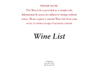 Wine List Is Provided As a Sample Only