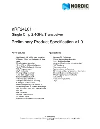 Nrf24l01+ Single Chip 2.4Ghz Transceiver Preliminary Product Specification V1.0