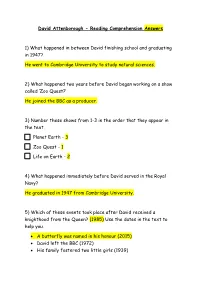 David Attenborough - Reading Comprehension Answers