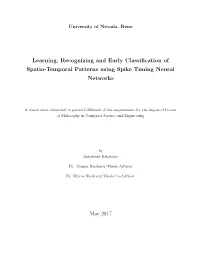 Learning, Recognizing and Early Classification of Spatio-Temporal Patterns Using Spike Timing Neural Networks