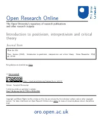 Introduction to Positivism, Interpretivism and Critical Theory
