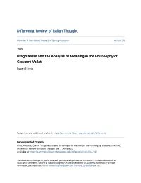 Pragmatism and the Analysis of Meaning in the Philosophy of Giovanni Vailati