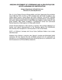Arizona Statement of Citizenship and Alien Status for State Licensing Or Certification