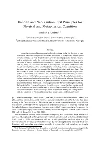 Kantian and Neo-Kantian First Principles for Physical and Metaphysical Cognition