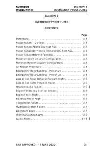ROBINSON MODEL R44 II ROBINSON MODEL R44 II SECTION 3 EMERGENCY PROCEDURES FAA APPROVED: 11 MAY 2020 3-I SECTION 3 EMERGENCY PR