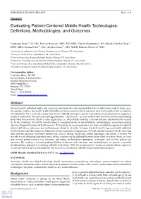 Evaluating Patient-Centered Mobile Health Technologies: Definitions, Methodologies, and Outcomes