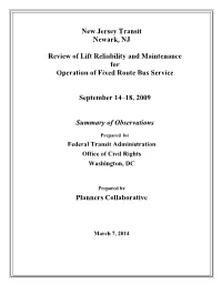 New Jersey Transit Review of Lift Reliability and Maintenance for Operation of Fixed Route Bus Service September 2009