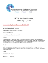 NHTSA Recalls of Interest February 22, 2021