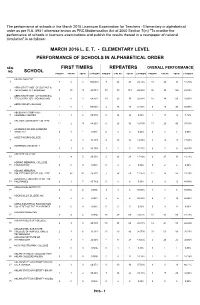 Repeaters First Timers School Performance of Schools in Alphabetical Order March 2016 L. E. T