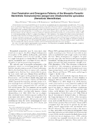 Host Penetration and Emergence Patterns of the Mosquito-Parasitic Mermithids Romanomermis Iyengari and Strelkovimermis Spiculatus (Nematoda: Mermithidae)