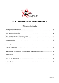 ASTROCHALLENGE 2016 SUMMARY BOOKLET Table Of
