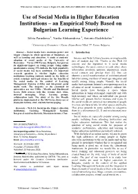 Use of Social Media in Higher Education Institutions – an Empirical Study Based on Bulgarian Learning Experience