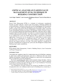 Critical Analysis on Earned Value Management (EVM) Technique in Building Construction
