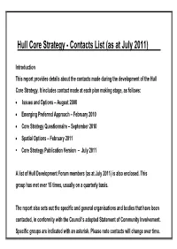 Hull Core Strategy - Contacts List (As at July 2011)