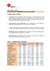 Press Release: IMPRESA Accounts of 2006 1. Main Facts of 2006