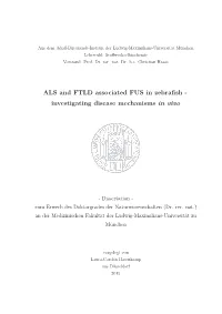 ALS and FTLD Associated FUS in Zebrafish