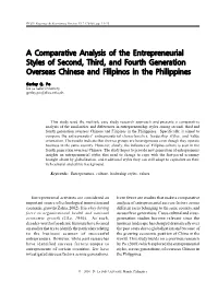 A Comparative Analysis of the Entrepreneurial Styles of Second, Third, and Fourth Generation Overseas Chinese and Filipinos in the Philippines