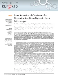 Laser Actuation of Cantilevers for Picometre Amplitude Dynamic