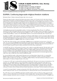 BURMA: Continuing Large-Scale Religious Freedom Violations
