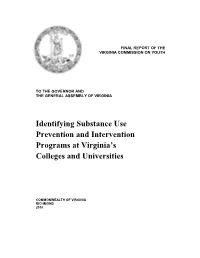 Identifying Substance Use Prevention and Intervention Programs at Virginia’S