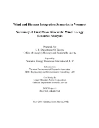 Wind and Biomass Integration Scenarios in Vermont Summary Of